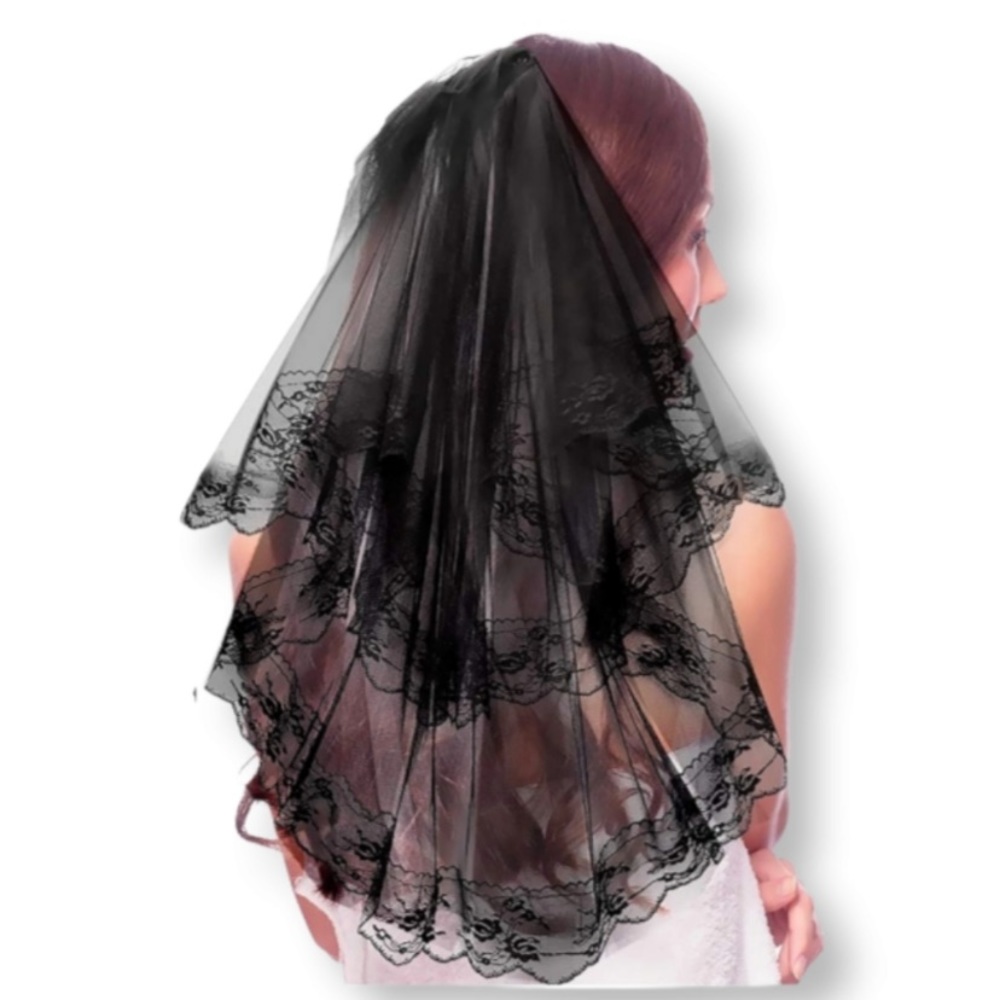 Halloween Goth Black Lace Edged Wedding Veil